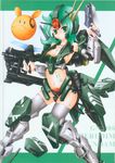  1girl armor beam_rifle breasts character_name cherudim green_eyes green_hair gundam haro long_hair navel number personification simple_background text thighhighs thighs weapon 