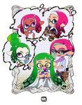  4girls alternate_hairstyle blanket blue_eyes camouflage camouflage_hoodie cellphone comb dark_skin domino_mask green_eyes green_hair hair_bun holster hood hoodie inkling mask multiple_girls pale_skin phone pink_eyes pink_hair pointy_ears scissors shirt short_hair sidelocks signature sitting smartphone splatoon_(series) splatoon_2 squid striped striped_shirt take_(illustrator) tank_top tentacle_hair thought_bubble 