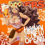  alcohol beer beer_mug black_eyes blush breasts brown_hair cleavage collarbone cup dark_skin drinking_glass flower hand_on_hip head_wreath hibiscus highres holding holding_cup hooters large_breasts long_hair maruroo_(pop'n_music) mug nipples no_bra no_legwear open_mouth osamu_yagi pop'n_music see-through shorts solo tears wet wet_clothes 