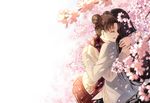  1girl black_hair blurry brown_hair cherry_blossoms depth_of_field double_bun hair_ribbon haneru hug hyuuga_neji jacket miniskirt naruto naruto_(series) open_mouth petals plaid plaid_scarf pleated_skirt ribbon scarf skirt tenten 