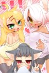  ahegao animal_ears big_eyes black_hair blonde_hair blush cat_ears covered_nipples covering_mouth dark_skin dot_nose fang glasses green_eyes half-closed_eyes inuue_kiyu long_hair multiple_girls off-shoulder_sweater open_mouth original pale_skin red_eyes short_hair shorts sleeves_past_wrists smile sweater thighhighs v white_hair yellow_eyes 