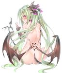  ass back blush deluxe&lt;&lt;&lt; demon_girl demon_tail demon_wings earrings from_behind green_hair highres horns jewelry long_hair looking_at_viewer looking_back nude original profile purple_eyes ryisu_(deluxe&lt;&lt;&lt;) simple_background sitting smile solo tail v very_long_hair white_background wings 