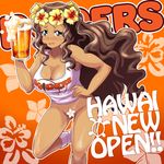  alcohol beer beer_mug black_eyes blush bottomless breasts brown_hair censored cleavage collarbone cup dark_skin drinking_glass engrish flower hand_on_hip head_wreath hibiscus highres holding holding_cup hooters large_breasts long_hair maruroo_(pop'n_music) mug novelty_censor open_mouth osamu_yagi pop'n_music ranguage solo 