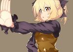  :o black_bow black_shirt blonde_hair bow brown_background brown_eyes brown_vest buttons frilled_sleeves frills hair_between_eyes hair_bow hands hati105 kurodani_yamame long_sleeves open_mouth outstretched_arm ponytail shirt solo touhou upper_body v-shaped_eyebrows vest 