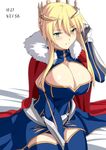  artoria_pendragon_(all) artoria_pendragon_(lancer) between_legs blonde_hair blue_dress blue_legwear blush braid breasts cape cleavage cleavage_cutout closed_eyes commentary_request crown dated detached_sleeves dress fate/grand_order fate_(series) french_braid fur_trim gauntlets green_eyes hair_tucking hand_between_legs huge_breasts shiseki_hirame sidelocks sitting solo thighhighs white_background 