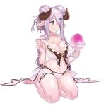 ankle_ribbon bare_legs bare_shoulders barefoot bikini black_bow black_ribbon blue_eyes bow breasts cleavage closed_mouth collarbone cup double_bun draph earrings evanova food_on_body full_body granblue_fantasy hair_ornament hair_over_one_eye hairclip holding holding_spoon horns jewelry large_breasts long_hair narmaya_(granblue_fantasy) navel pink_hair pointy_ears ribbon shaved_ice side-tie_bikini simple_background sitting smile solo spoon star star_earrings stomach swimsuit tareme thigh_strap very_long_hair white_background white_bikini yokozuwari 