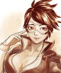 bomber_jacket breasts cleavage closed_mouth collarbone gloves goggles jacket lips looking_at_viewer luffie marker_(medium) medium_breasts monochrome no_bra nose open_clothes open_jacket overwatch short_hair smile solo spiked_hair tracer_(overwatch) traditional_media twitter_username upper_body 