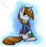  clothed clothing cutie_mark equine eyelashes fallout_equestria fan_character female feral fur green_eyes grey_fur horn littlepip mammal my_little_pony simple_background sitting smile solo suplolnope unicorn 