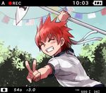  bad_id bad_pixiv_id battery closed_eyes daimon_masaru_(danganronpa) danganronpa day flag grin gym_uniform hachimaki headband male_focus numbered_flag okuragon recording red_hair sky smile solo spiked_hair sports_festival string_of_flags tree upper_body v what_if zettai_zetsubou_shoujo 