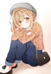  bad_id bad_pixiv_id bag bangs beret blush brown_eyes brown_hair casual chain commentary_request crossed_ankles crossed_arms denim earrings fashion flats gold_chain hair_between_eyes hat jeans jewelry knees_up kunikida_hanamaru long_sleeves looking_at_viewer love_live! love_live!_sunshine!! pants pants_rolled_up shoulder_bag sitting sleeves_past_wrists solo sweater tipii 