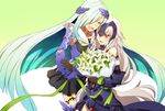  aqua_hair armor bare_shoulders blush brynhildr_(fate) closed_eyes detached_sleeves fate/grand_order fate_(series) flower hair_over_one_eye headpiece heart height_difference jeanne_d'arc_(alter)_(fate) jeanne_d'arc_(fate)_(all) lily_(flower) long_hair multiple_girls oiun one_eye_closed pale_skin tsundere very_long_hair white_hair yellow_eyes yuri 