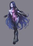  absurdres alternate_hairstyle bodysuit breasts center_opening drogod hair_down highres large_breasts long_hair overwatch pink_bodysuit plunging_neckline purple_hair purple_skin smile solo very_long_hair widowmaker_(overwatch) yellow_eyes 