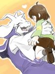  &lt;3 4_fingers ambiguous_gender anthro asriel_dreemurr blush boss_monster brown_hair caprine chara_(undertale) child claws clothed clothing eyes_closed footwear fully_clothed fur goat hair hair_tuft happy holding_character horn human humanoid kouma1123 legwear long_ears male mammal open_mouth orange_background pants robe sharp_teeth shoes simple_background size_difference socks striped_topwear stripes sweater teeth tongue undertale video_games white_fur young 