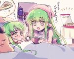  3girls bed blush c.c. cheese-kun chibi code_geass food green_hair hat kallen_stadtfeld lelouch_lamperouge mother_and_daughter multiple_girls pizza protected_link sick stuffed_toy sumi_otto yellow_eyes 