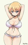  arms_up ass_visible_through_thighs bikini blonde_hair blue_eyes breasts character_name darjeeling frilled_bikini frills front-tie_bikini front-tie_top girls_und_panzer large_breasts navel pas_(paxiti) simple_background smile solo swimsuit white_bikini 