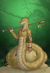  2015 5_fingers abs anthro aurancreations holding_object holding_weapon jewelry looking_at_viewer male melee_weapon necklace nude polearm python reptile scalie snake solo spear weapon 