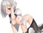  1girl arm_up black_legwear blouse blue_eyes blush breasts closed_mouth eyebrows eyebrows_visible_through_hair eyes_visible_through_hair hair_ornament hair_over_one_eye hairclip hamakaze_(kantai_collection) hand_in_hair hanging_breasts highres kantai_collection looking_at_viewer medium_breasts nipples no_bra open_clothes pantyhose pantyhose_pull school_uniform shirousa shirt_lift short_hair silver_hair simple_background skirt skirt_around_one_leg skirt_pull sweat tears underwear white_background white_blouse 