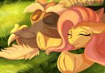  day discord_(mlp) draconequus duo equine eyebrows eyelash eyes_closed facial_hair female fluttershy_(mlp) friendship_is_magic fur goatee grass hair hooves horse male mammal my_little_pony outside pink_hair pony smile tai_lung_(artist) teeth yellow_fur 