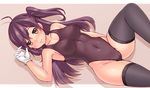  black_hair black_legwear black_swimsuit brown_eyes competition_swimsuit covered_navel gloves hagikaze_(kantai_collection) kantai_collection kurogane_daichi long_hair lying one-piece_swimsuit one_side_up purple_hair smile solo swimsuit white_gloves 