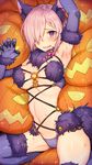  animal_costume animal_ears arm_up armpits blush claw_pose claws dangerous_beast embarrassed fang fate/grand_order fate_(series) glowing hair_over_one_eye halloween halloween_costume highres jack-o'-lantern lace_trim looking_at_viewer mash_kyrielight navel o-ring panties pumpkin purple_eyes purple_hair purple_legwear purple_panties revealing_clothes shiny shiny_skin short_hair shouhei smile solo sparkle stuck stuffed_toy sweat tail thighhighs underwear wolf_costume wolf_ears wolf_tail 