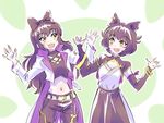  :d animal_ears black_hair blake_belladonna bracelet cat_ears cat_girl commentary earrings fang iesupa jewelry kali_belladonna midriff mother_and_daughter multiple_girls navel open_hands open_mouth pants rwby smile yellow_eyes 