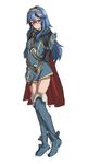  alternate_costume arms_behind_back athenawyrm blue_eyes blue_hair blush fire_emblem fire_emblem:_kakusei full_body jewelry long_hair looking_at_viewer lucina solo standing thighhighs thighs tiara zettai_ryouiki 