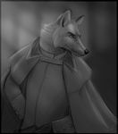  canine cloak clothing fox male mammal monochrome raeden_drear_(character) shaza_(artist) suit 