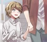  androgynous bad_id bad_pixiv_id blue_eyes blush brown_hair danganronpa dress_shirt eyebrows eyebrows_visible_through_hair holding_hands kemuri_jatarou looking_at_another looking_up okuragon out_of_frame shirt sleeves_past_wrists smile solo_focus spoilers what_if zettai_zetsubou_shoujo 