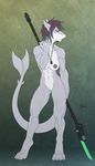  2015 4_toes abs anthro aurancreations breasts digitigrade dog_tags eyelashes female fin fish grey_skin hair marine nipples nude prole_eyes purple_hair pussy shark standing toes weapon white_skin 