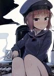  2016 3: bad_id bad_pixiv_id bangs banned_artist blunt_bangs blush brown_eyes check_commentary clothes_writing commentary commentary_request dated dress eyebrows eyebrows_visible_through_hair hat kantai_collection knees_up looking_at_viewer machinery military military_hat military_uniform nose_blush sailor_collar sailor_dress sailor_hat short_hair sitting solo tears torn_clothes turret uniform yopan_danshaku z3_max_schultz_(kantai_collection) 