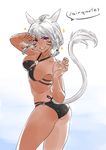  animal_ears ass bikini black_bikini breasts cat_ears cat_tail dark_skin english facial_mark final_fantasy final_fantasy_xiv grin large_breasts miqo'te purple_eyes robo8 short_hair sideboob simple_background smile solo swimsuit tail white_hair 