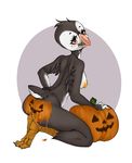  2016 anthro avian beak bird black_feathers blush bodypaint boopeep breasts butt feathers female food fruit kneeling looking_back nipples nude pearl_(boolean) puffin pumpkin rear_view side_boob solo talons 