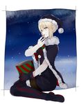  artoria_pendragon_(all) bad_id bad_pixiv_id black_footwear black_gloves black_legwear blonde_hair boots cape fate/grand_order fate/stay_night fate_(series) gloves hat highres kurogiri looking_at_viewer pantyhose santa_alter santa_hat sitting solo thigh_boots thighhighs tongue tongue_out wariza yellow_eyes 