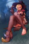  alternate_costume barefoot blonde_hair breasts brown_legwear cleavage downscaled earrings feet highres hips holding holding_shoes jewelry kairuhentai long_hair looking_at_viewer md5_mismatch medium_breasts mercy_(overwatch) overwatch resized shoes single_shoe smile solo thighhighs toeless_legwear toenail_polish toes witch_mercy 