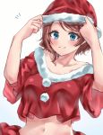 1girl adjusting_clothes adjusting_hat blue_eyes blush brown_hair christmas collarbone commentary_request crop_top fur-trimmed_shirt hat highres looking_at_viewer love_live! love_live!_sunshine!! midriff minori_748 navel notice_lines pom_pom_(clothes) red_shirt santa_costume santa_hat shirt short_hair short_sleeves smile solo upper_body watanabe_you 