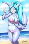  anthro big_breasts bikini blue_eyes blue_hair blue_skin blush bottle breasts camel_toe clothing cute fangs female fin fish forehead_markings hair long_hair long_tail looking_at_viewer marine multicolored_skin myrl non-mammal_breasts open_mouth ponytail shark solo swimsuit tail_fin tailzkim thresher_shark tongue two_tone_skin 