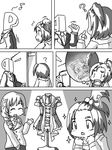  2girls ? ^_^ ^o^ braid closed_eyes comic commentary_request costume eighth_note formal greyscale hair_bobbles hair_ornament hair_over_shoulder highres idolmaster idolmaster_cinderella_girls long_hair monochrome multiple_girls musical_note necktie opapyon open_mouth p-head_producer senkawa_chihiro short_hair side_ponytail silent_comic single_braid sparkle thought_bubble yanase_miyuki |_| 