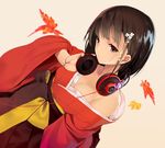  akg autumn_leaves black_hair breasts brown_eyes cleavage closed_mouth commentary dutch_angle hair_ornament hakama headphones headphones_around_neck highres japanese_clothes kimono leaf long_hair long_sleeves looking_at_viewer machimura_komori maple_leaf medium_breasts off_shoulder original solo wide_sleeves 