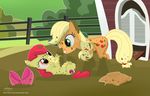  2016 amber_eyes apple_bloom_(mlp) applejack_(mlp) blonde_hair bush cowboy_hat dirty duo earth_pony equine eye_contact female fence feral friendship_is_magic fur green_eyes hair hair_bow hair_ribbon hat hi_res horse mammal mud my_little_pony outside pony red_hair ribbons shutterflyeqd sibling sisters smile yellow_fur 