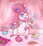  bed canine cookie curtains dessert doughnut eating eeveelution female feral food ice_cream jahoge looking_at_viewer mammal multi_nipple nintendo nipples one_eye_closed overeating pink_theme pok&eacute;mon ribbons saliva slightly_chubby stuffing sundae sylveon tongue tongue_out video_games wink 