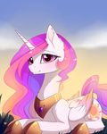  cutie_mark day detailed_background equine feathered_wings feathers friendship_is_magic fur grass hair hooves horn lying magnaluna mammal my_little_pony outside pink_eyes pink_feathers pink_hair princess_celestia_(mlp) sky smile white_fur winged_unicorn wings 