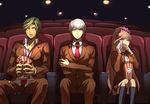  2boys brown_hair danganronpa danganronpa_3 food green_eyes hair_ribbon handkerchief high_ponytail kibougamine_gakuen_school_uniform long_hair multiple_boys munakata_kyousuke popcorn ribbon sakakura_juuzou school_uniform sitting tearing_up theater youko-shima yukizome_chisa 