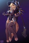  anthro blonde_hair breasts broom cleavage clothed clothing cosplay costume facial_piercing feline female hair halloween holidays legwear mammal mercy_(overwatch) mistystriker nose_piercing nose_ring open_mouth overwatch piercing pose purple_eyes skimpy smile solo thigh_highs video_games 