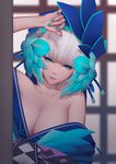 aoandon aqua_eyes bangs bare_shoulders blunt_bangs breasts cleavage closed_mouth collarbone face flower hair_flower hair_ornament highres japanese_clothes kimono large_breasts lips looking_at_viewer maredoro nail_polish off_shoulder onmyoji onmyouji solo upper_body white_hair 