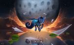  blue_eyes blue_feathers blue_fur cosmic_hair cutie_mark equine feathers flying friendship_is_magic fur hooves horn mammal moon my_little_pony night nude outside princess_luna_(mlp) rain-gear reflection water winged_unicorn wings 