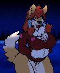  2019 anthro balls big_breasts blue_eyes bottomless braided_hair breasts canid canine canis clothed clothing dickgirl digital_media_(artwork) hair hi_res intersex jacket kame-sama88 looking_at_viewer mammal night outside penis red_hair red_wolf sky smile snow solo standing star wolf wolf_nanaki wolf_nanaki_(artist) 