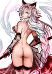  animal_ears ass bare_back bare_shoulders braid brown_eyes erune from_behind gauntlets granblue_fantasy heles kigawa_rin long_hair looking_back parted_lips polearm silver_hair solo spear very_long_hair weapon 