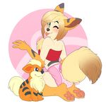  ageplay animal_humanoid anthro blonde_hair blush diaper female fur green_eyes growliez growlithe hair humanoid hybrid looking_at_viewer nintendo orange_fur pawpads paws plushie pok&eacute;mon simple_background solo strawberryneko stripes tongue video_games watermark 