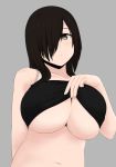  1girl black_hair bottomless breasts brown_eyes expressionless grey_background hair_over_one_eye highres huge_breasts long_hair looking_at_viewer nao_(ritsancrossover) navel original out-of-frame_censoring pai-chan_(nao) paizuri_invitation shirt_lift solo underboob 