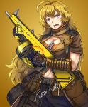  1girl adapted_costume ahoge alternate_weapon baggy_pants bandolier belt_pouch black_gloves blonde_hair breasts cleavage drum_magazine gloves gun highres huge_ahoge large_breasts long_hair military_operator navel pants pouch prosthesis prosthetic_arm purple_eyes rosakatze rwby shotgun shotgun_shells single_glove sleeves_rolled_up solo toned wavy_hair weapon yang_xiao_long 
